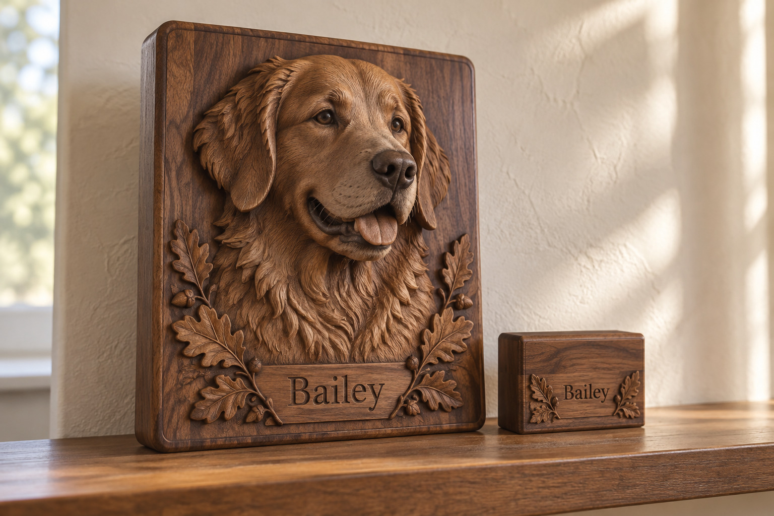 Fictional hardwood memorial concept honoring a beloved dog
