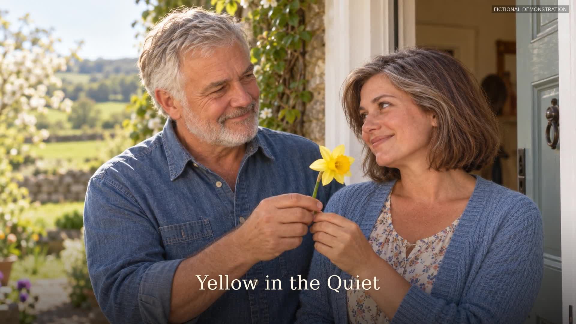 Tom offering Margaret a yellow daffodil